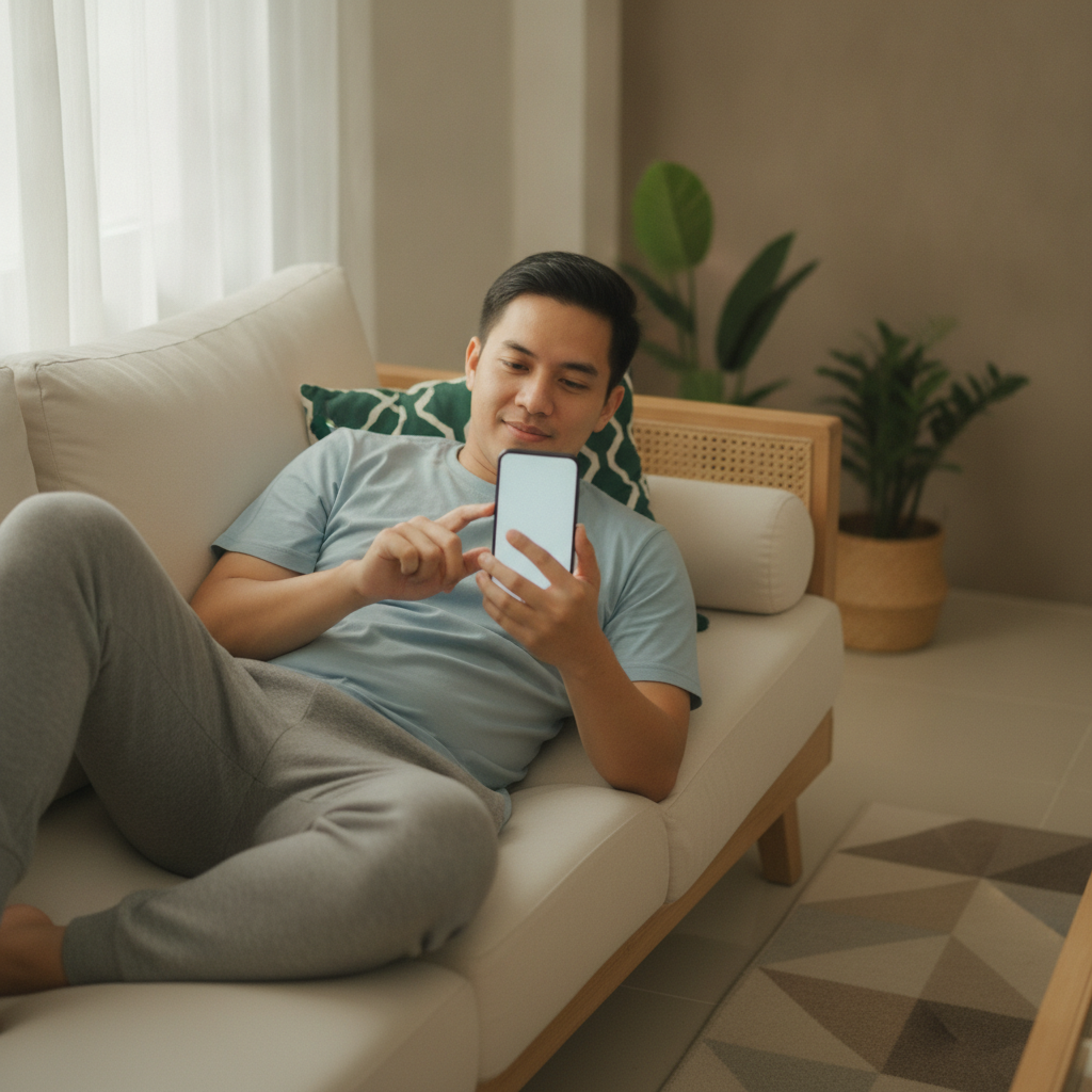Filipino player confidently managing mobile casino transactions on smartphone at home